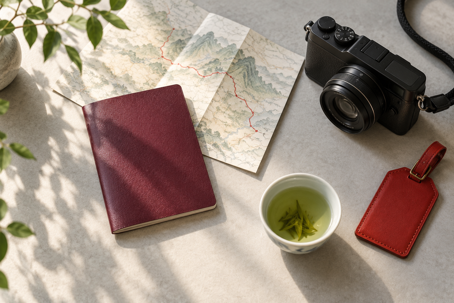 Travel preparation still life with a passport, map, camera and tea