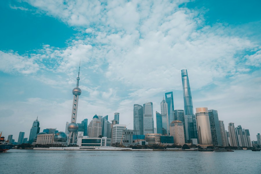 Shanghai’s illuminated Pudong skyline seen across the Huangpu River